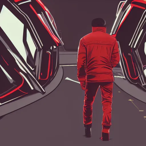 Image similar to man with a red jacket walking toward a red futuristic racing motorbike, isometric view from behind, gray background, ink drawing, panoramic view, wide angle, ultra realistic, intricate details, cyberpunk, ultra detailed, sharp focus, trending on artstation