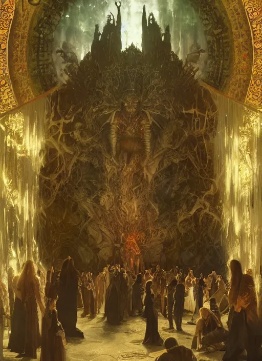 Prompt: hyperdetailed demonic crowd inside huge covens den, intricate wiccan scene detailing, photorealistic hell, art by john collier, albert aublet, krenz cushart, artem demura, alphonse mucha, diffuse lighting, artstation, smooth, textless, sharp focus,