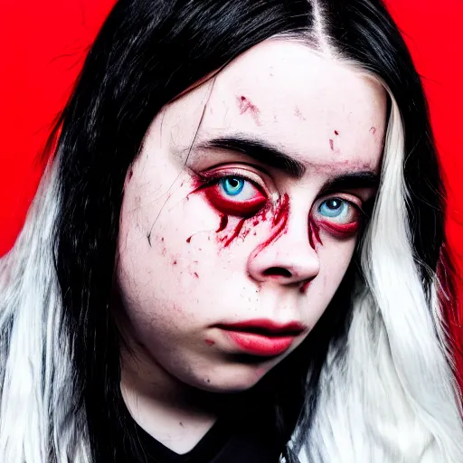 Image similar to Billie Eilish with blood coming from her eyes, XF IQ4, 150MP, 50mm, F1.4, ISO 200, 1/160s, natural light, Adobe Lightroom, photolab, Affinity Photo, PhotoDirector 365