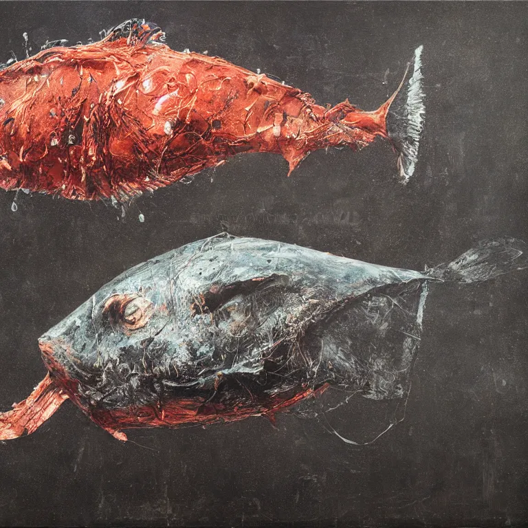 Image similar to Hyperrealistic Studio wet collodion Photograph of a deep sea humpback anglerfish deep underwater in darkness, award-winning nature deep sea expressionistic impasto oil painting by Cy Twombly and Tim Hawkinson vivid colors hyperrealism 8k