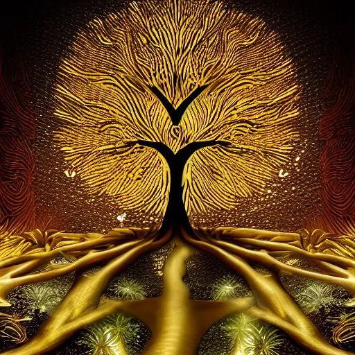 Image similar to the holy golden tree of life, cinematic, ultra detailed