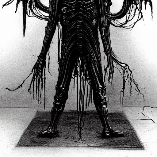 Image similar to full-body dark creepy gothic H.R. Giger realistic diagram drawing central composition a decapitated soldier with futuristic elements. he welcomes you with no head, dark dimension, empty helmet inside is occult mystical symbolism headless full-length view. standing on ancient altar eldritch energies disturbing frightening, hyper realism, 8k, sharpened depth of field, 3D