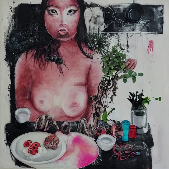 Image similar to “ a portrait in a female art student ’ s apartment, sensual, a pig theme, pork cuts, art supplies, surgical iv bag, octopus, ikebana, herbs, a candle dripping white wax, japanese pottery, squashed berries, berry juice drips, acrylic and spray paint and oilstick on canvas, surrealism, neoexpressionism ”