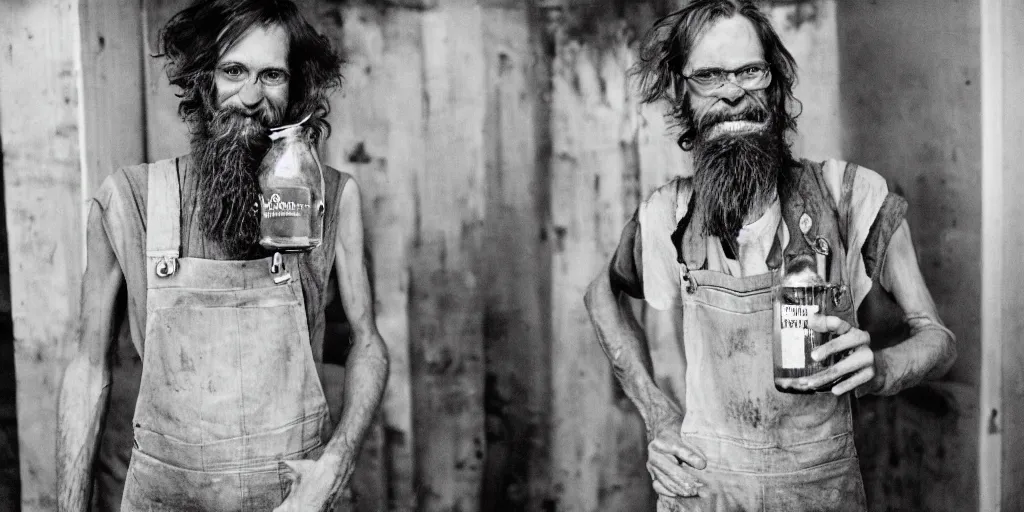 Prompt: extremely skinny malnourished redneck white male with long beard, wearing dirty overalls, dirty greasy face, grin, portrait, close up, he is proudly holding a jug of whiskey, kodak gold 2 0 0, 5 0 mm