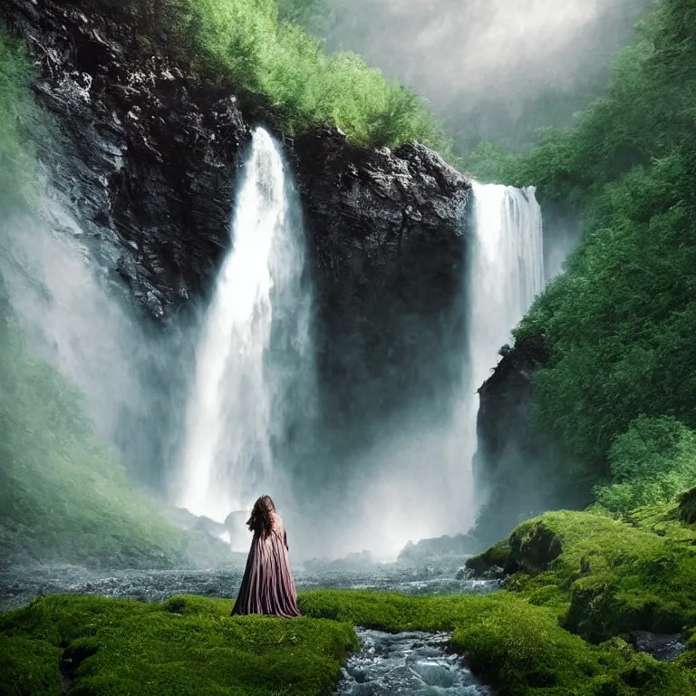 Prompt: dark and moody 1 9 8 0's artistic color spaghetti western film, a woman in a giant billowing wide long flowing waving shining bright white dress, standing inside a green mossy irish rocky scenic landscape, huge waterfall, volumetric lighting, backlit, atmospheric, fog, extremely windy, soft focus