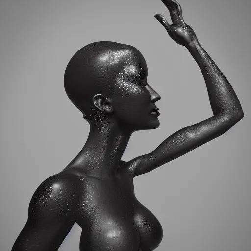 Image similar to 3 d fluid simulation render, octane render, xparticles, black color, female body, abstract sculpture