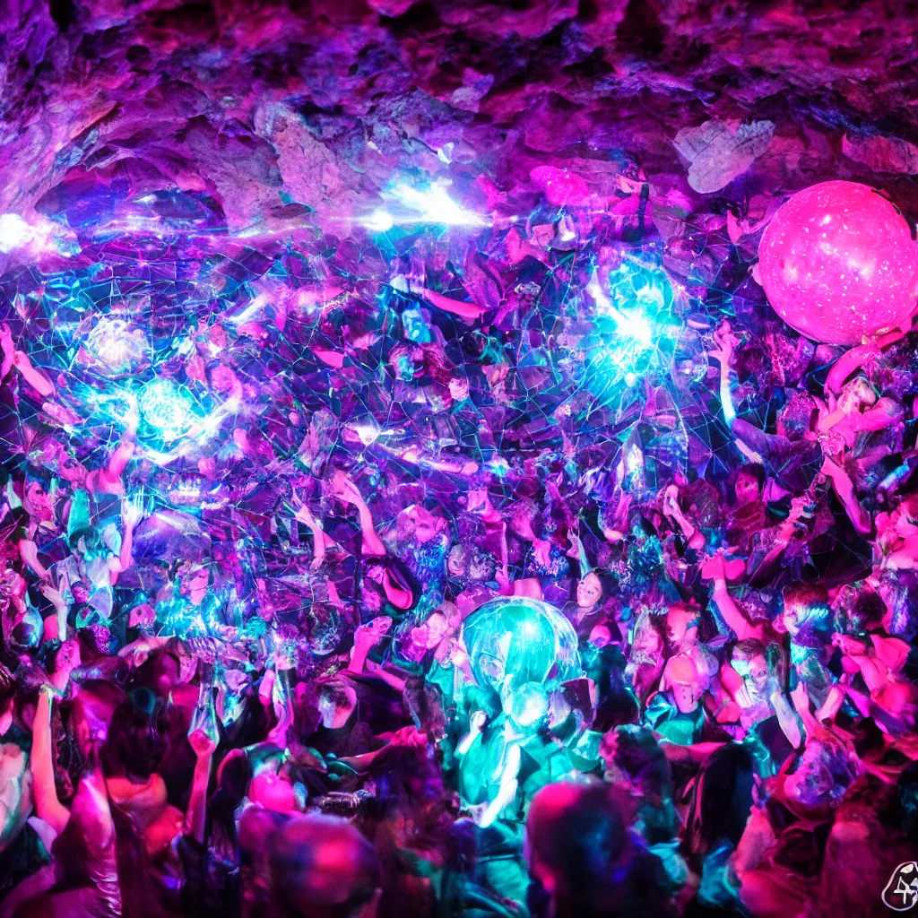 Prompt: cinematic shot of a goth disco nightclub in a cave, sphere made of holographic knives!!! with pink lasers and blue crystals, brutal weapon iconography!!! goth people dancing, 8 k photograph