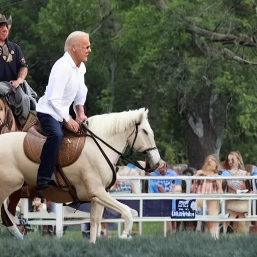 Prompt: Joe Biden riding a horse without a shirt