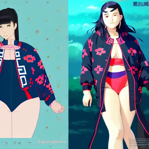 Image similar to a beautiful plus sized model japanese natalie portman, alluring, wearing oversized mayan bomber jacket and leotard with overalls, bulky poofy bomber jacket with mayan patterns, aztec street fashion, gapmoe yandere grimdark, trending on pixiv fanbox, painted by greg rutkowski makoto shinkai takashi takeuchi studio ghibli, akihiko yoshida