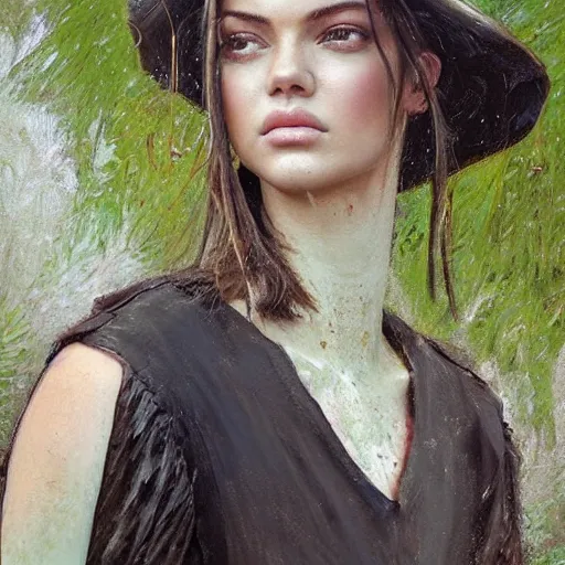 Prompt: happy very thick paint brush strokes paint texture full body very worn out very rusty fashion model kendall jenner by Jeremy Lipking by Hasui Kawase by Richard Schmid ((smokey eyes makeup eye shadow fantasy, glow, shimmer as victorian woman in a long white frilly lace dress and a large white hat having tea in a sunroom filled with flowers, roses and lush fern flowers ,intricate, night, highly detailed, dramatic lighting)) , high quality