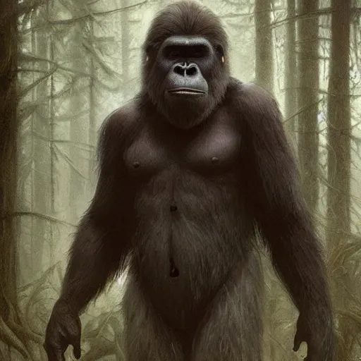 Prompt: Dark fantasy Painting of a huge bigfoot gorilla creature lurking in the misty forest, gloomy, full body, disgusting, creepy, unsettling, horror, intricate, wild, highly detailed, digital painting, artstation, concept art, smooth, sharp focus, illustration, art by artgerm and greg rutkowski and alphonse mucha