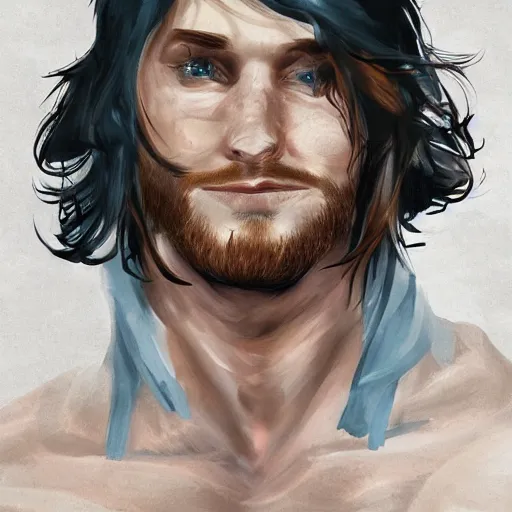 Image similar to portrait of a teen boy with long red hair and a lot of freckles and muscular, intricate, highly detailed, digital painting, artstation, sharp focus, illustration