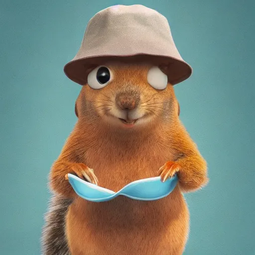 Image similar to a squirrel wearing a bucket hat. pixar.