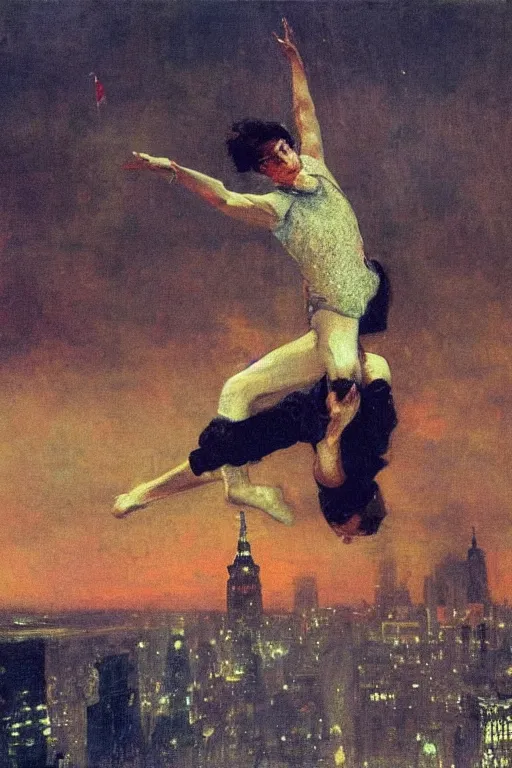 Prompt: a young man flying through new york city. his hands stretched to the side. a floating circus in the background. art by ilya repin.