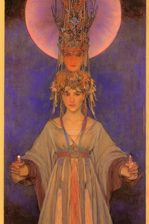 Image similar to queen of the twilight with her lantern and regalia, by Annie Swynnerton and Nicholas Roerich and jean delville, dramatic cinematic lighting , ornate headdress , flowing robes, lost civilizations, extremely detailed