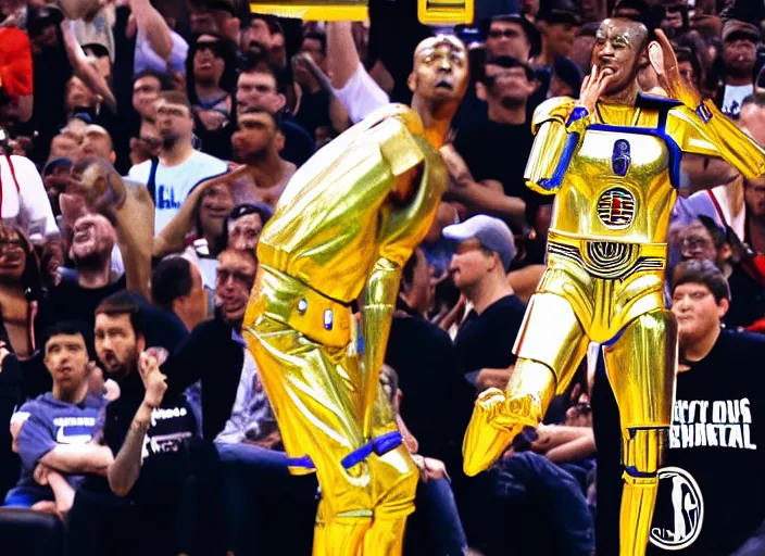 Image similar to ESPN still of C-3PO playing in the nba playoffs live on espn, 4k