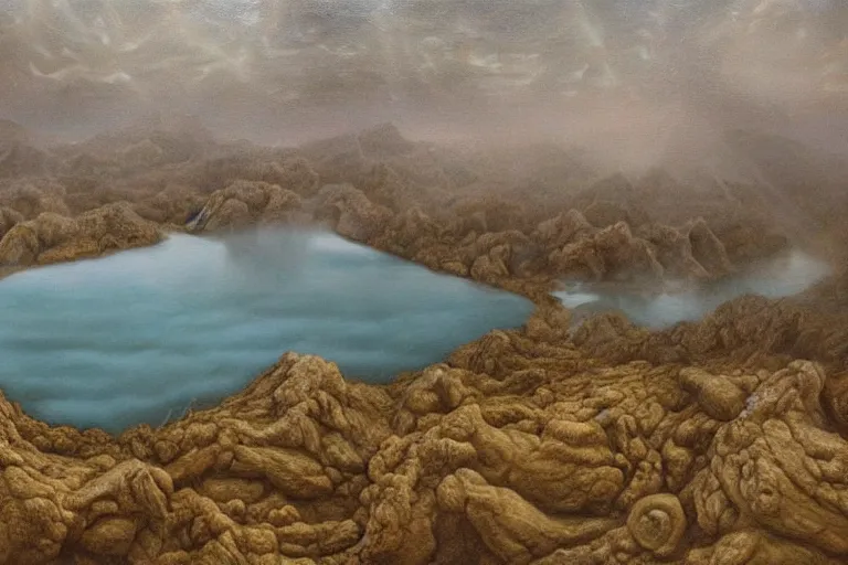 Image similar to Haunting horrifying hyperrealistic detailed painting of an ultrawide landscape showing a tall pale man sitting atop a mountain of humans in a foggy hellscape with spread out lakes of cerulean blue gelatinous liquid reflective and goop, eyeballs bulging, stars in the sky, a galaxy in the sky, dystopian feel, heavy metal, disgusting, creepy, unsettling, in the style of Michael Whelan and Zdzisław Beksiński, lovecraftian, hyper detailed, trending on Artstation