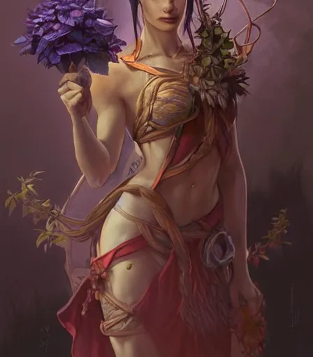 Image similar to Attractive Tiefling Druid,full body, holding flowers, dungeons and dragons portrait, highly detailed, digital painting, artstation, concept art, sharp focus, illustration, art by artgerm and greg rutkowski and alphonse mucha