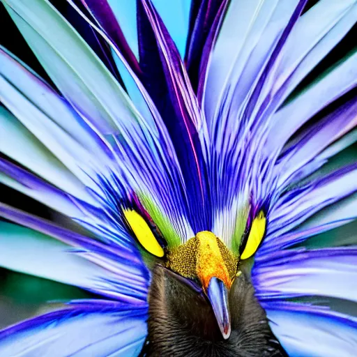 Image similar to closeup photo a bird of paradise, covered in feathers. focus on the beak. intricate eyes. extremely large wings. extreme detail, hyperrealistic photo