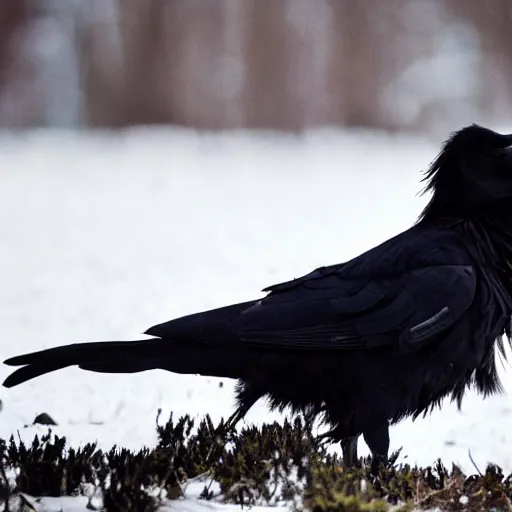 Prompt: a close up of a raven sitting on a skull upon a pile of bones in a snowy field. creepy, occult, horror