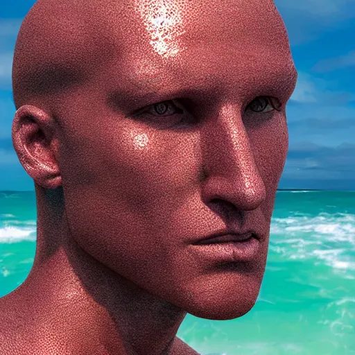 Image similar to a human head sculpture made out of juicy jelly on the ocean water, cinematic, in the style of chad knight, long shot, hyper detailed, hyper realistic, ray tracing, 8 k resolution, sharp focus, realistic water, award winning