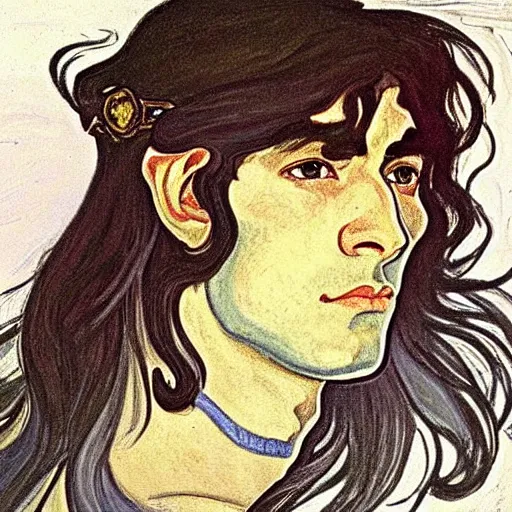 Image similar to painting of handsome beautiful paladin elf! man with long wavy dark hair in his 2 0 s named shadow taehyung at the blueberry party, wearing armor!, elegant, clear, painting, stylized, delicate, soft facial features, art, art by alphonse mucha, vincent van gogh, egon schiele,