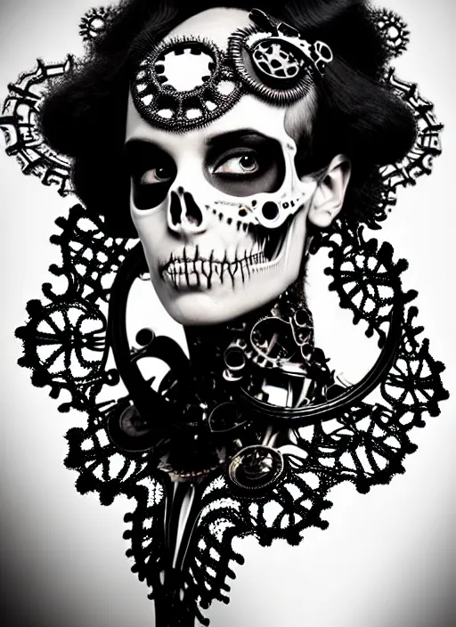 Image similar to surreal black and white photo portrait of complex bio-mechanical beautiful young female undead skeletal cyborg with a Mandelbrot fractal steampunk metal fine lace face, retrofuturistic depressing hopeless horrific vibe, curled silver hair and a fine metal floral foliage super big lace collar by Alexander McQueen:: high fashion, haute couture, rococo, steampunk, silver filigree details, anatomical, facial muscles, cable wires, microchip, elegant, hyper realistic, 150 mm lens, soft rim light, octane render, unreal engine, volumetric lighting, 8k,