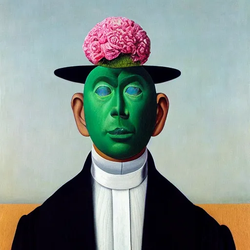 Prompt: portrait of a faceless rose - head man by rene magritte and e. a. seguy, detailed painting, distance, centered, hd, hq, high resolution, high detail, 4 k, 8 k - h 7 0 5