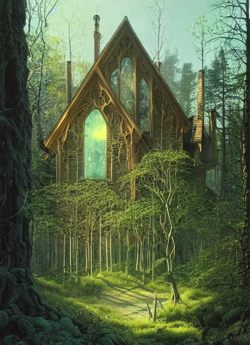 Image similar to hyper realistic witchy modern gothic house with mood lighting and tech in the woods gorgeous lighting, sunbeams blue sky, highly detailed, lush forest foliage painting by zdzisław beksinski and norman rockwell and greg rutkowski weta studio, and lucasfilm