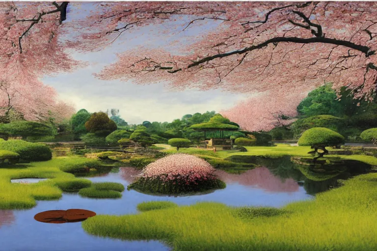 Image similar to masterpiece painting of japanese garden landscape, with a pond and sakura trees, sakura flowers in the wind, scattered clouds on the horizon, during spring by Lee Madgwick or Caspar David Friedrich or Édouard Manet, Trending on artstation, spring, dawn color scheme, soft colors