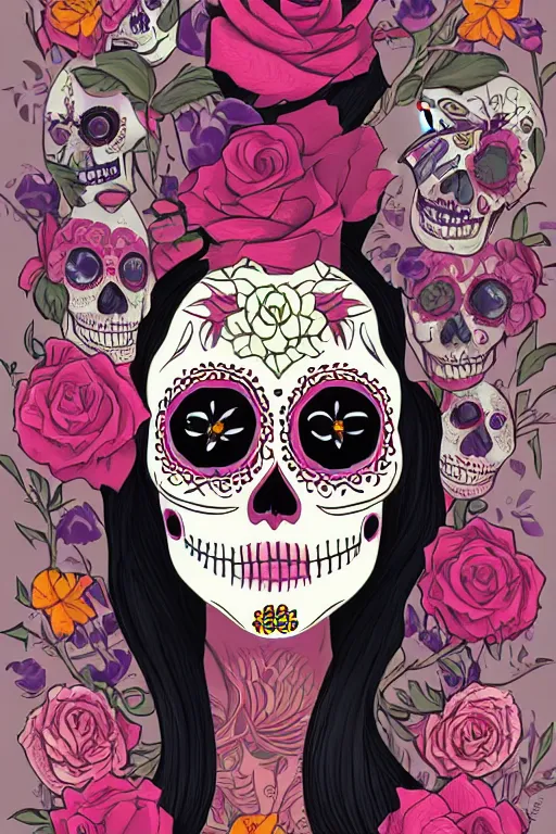 Prompt: Illustration of a sugar skull day of the dead girl, art by james gilleard