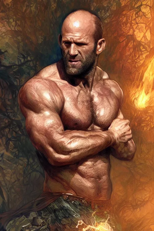 Image similar to portrait of jason statham as a hulking herculean demon, forest, godlike, full body, fantasy, intricate, elegant, highly detailed, digital painting, artstation, concept art, sharp focus, illustration, art by artgerm and greg rutkowski and alphonse mucha