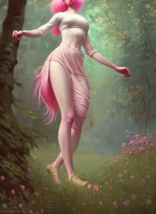 Image similar to whimsical young woman, beautiful girl, full body, pink hair, in a forest, realistic, serov, surikov, vasnetsov, repin, kramskoi, insanely detailed, charlie bowater, tom bagshaw, high resolution, octane rendered, unreal engine, illustration, trending on artstation, masterpiece, 8 k