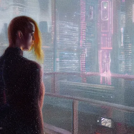 Prompt: detailed portrait of a woman, moment, cyberpunk observation deck, electronic billboards, tech noir, wet reflections, atmospheric, ambient, livia prima, greg rutkowski, edward hopper, pj crook