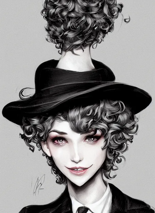 Image similar to a highly detailed illustration of curly short haired girl wearing noir hat and suit and tie, dramatic smiling pose, intricate, elegant, highly detailed, centered, digital painting, artstation, concept art, smooth, sharp focus, league of legends concept art, WLOP