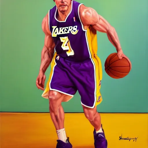 Prompt: portrait of mark wahlberg playing basketball in a lakers uniform, oil on canvas by william sidney mont, trending on art station