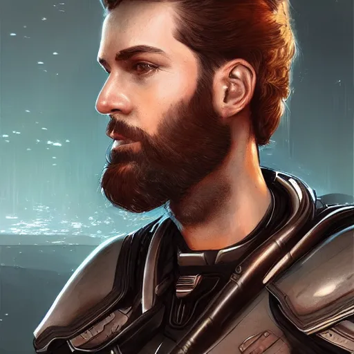 Prompt: Portrait of a man with brown hair and beard in futuristic sci-fi armor, blasters on his belt, digital art, realistic, artstation, detailed