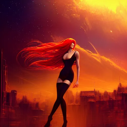 Image similar to Beautiful 3d render of a stunning!!! woman with flowing red hair in a sensual pose, atmospheric lighting, painted, intricate, volumetric lighting, beautiful, rich deep colors masterpiece, golden hour, sharp focus, ultra detailed, in the style of Dan Mumford and Johfra Bosschart, with a crowded futuristic cyberpunk city in the background, astrophotography