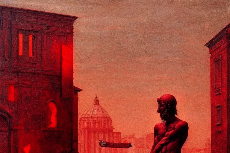 Image similar to only with red, caesar after war, a red tiger, in hoc signo vinces, rome in background, an ancient path, in the style of beksinski, part by hopper, part by rodcenko, part by hofbauer, intricate composition, red by caravaggio, insanely quality, highly detailed, masterpiece, red light, artstation