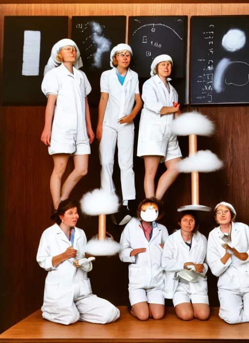 Image similar to realistic photo of a group of female scientists wearing white shorts, faces covered with white paint, watching at a levitating fluffy furry cloud, in a living room laboratory with many wooden gadgets made of wood interior is made of wood 1 9 9 0, life magazine reportage photo, natural colors