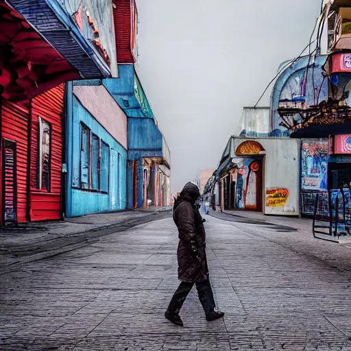 Image similar to moonwalker streetphoto, city street on the moon, a detailed image of a future norilsk, moon landscape, colorful haze, americana, high production value, 8 k resolution, hyperrealistic, photorealistic, high definition, high details, tehnicolor, award - winning photography, masterpiece, amazing colors