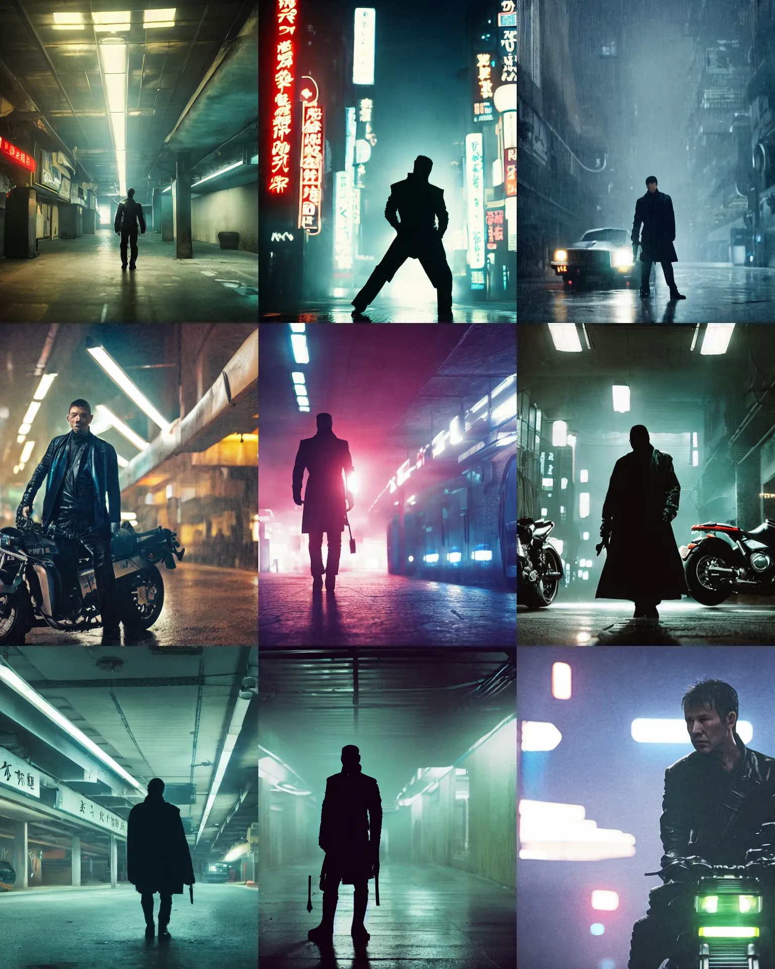 Prompt: blade runner movie still of a silhouetted yakuza in an underground parking lot, holding a katana sword, with a yamaha motorcycle, rack focus, close establishing shot, monochromatic teal, dark teal lighting, soft dramatic lighting, 4 k digital camera