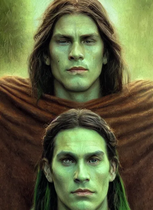 Image similar to a shaman in his twenties with long light brown hair tied back, light green eyes, a large forehead, a widows peak and a round face with high cheekbones and full lips as a realistic d & d fantasy character, portrait art by donato giancola and greg rutkowski, vintage retro, realistic face, digital art, trending on artstation