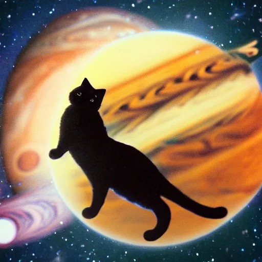 Prompt: cat with astronaut helmet flying over the jupiter, photo