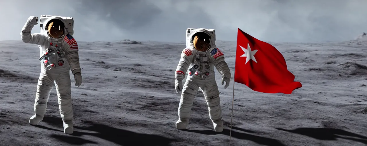 Prompt: an astronaut in red on white on yellow costume holding vietnam flag, standing on the moon, cinematic composition, concept art by greg rutkowski, cosmic background, octane render