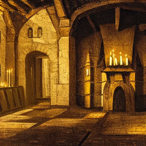 Image similar to the interior of a medieval castle with knights templar, diffused light, candles, mystical