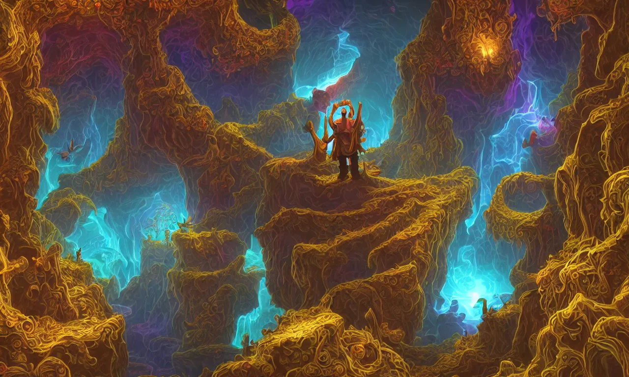 Image similar to large kerberos realm, wizard issues ticket close up, reading a directory, colorful ravine, 3 d art, digital illustration, perfect lighting