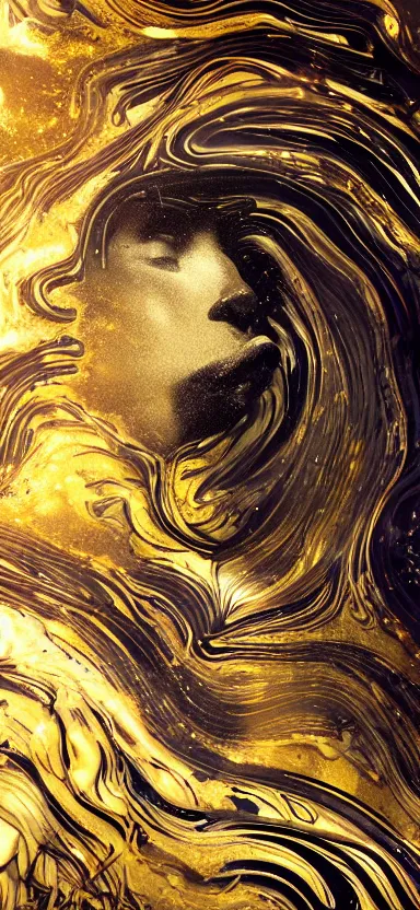 Image similar to epicillustration, abstract sculpture of beautiful female body and black swirling liquifying acrylic portrait, curly fluffy clouds, glowing edges, golden hour, beautiful light, sculpture of carving marble, dark colors, dark mood, one point light, golden spirals, clockwork, epic matte painting, concept art, bokeh, digital painting