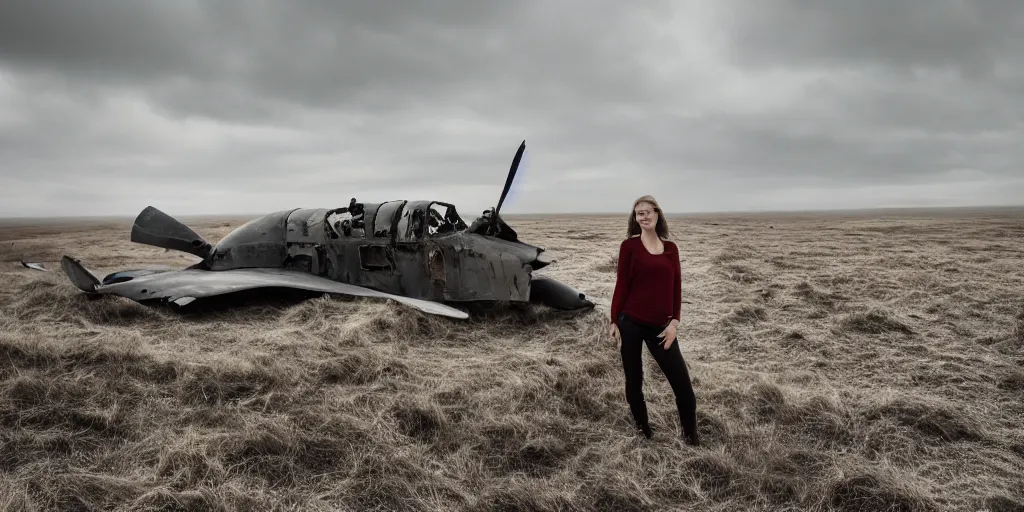 Prompt: a breathtaking photograph of windswept dunes scandinavian landscape, a beautiful woman in oscar de la rents standing beside a destroyed fighter plane + stone in center, ultra wide shot, cinematic, 8 k, dramatic lighting