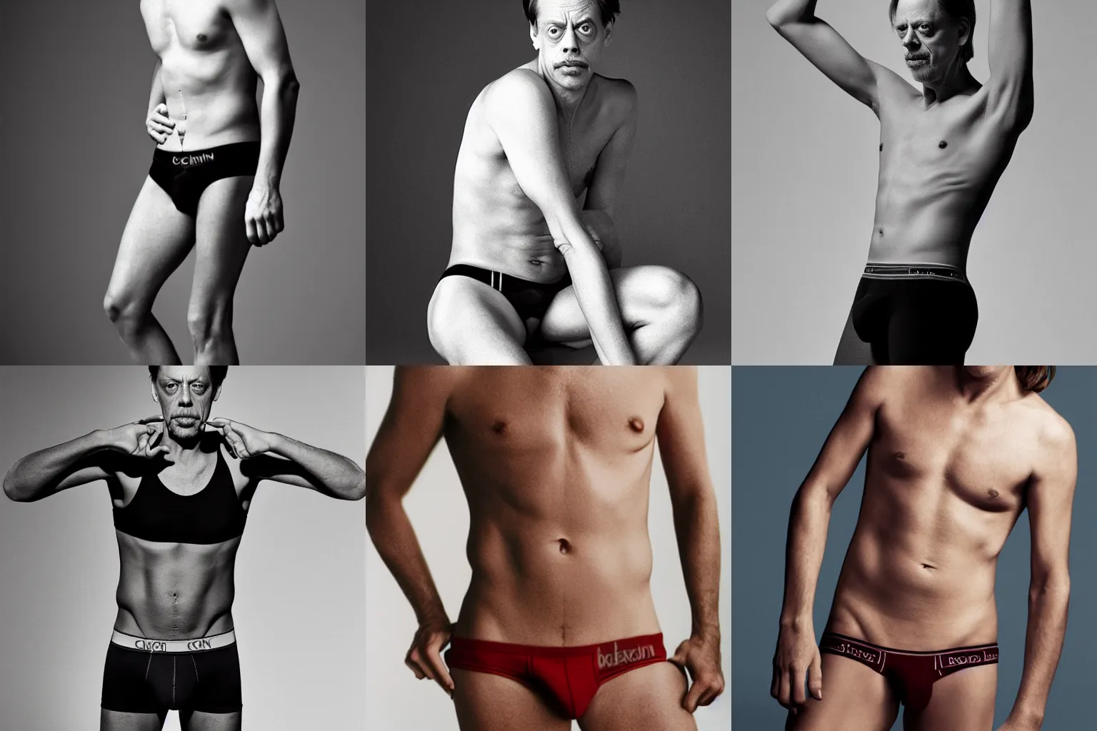 Prompt: steve buscemi, underwear ad, calvin klein photography, full body shot,